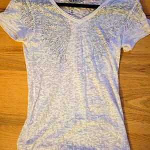 Petrol White sheer shirt with rhinestone angel wings on front and back med/lg